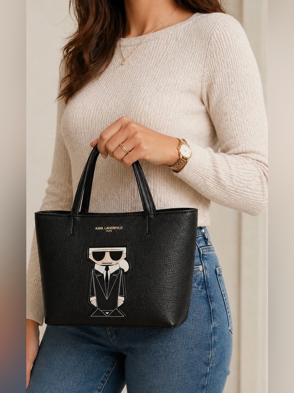 Karl Lagerfeld Paris Black Tote Bag K/Ikonik Logo Pebbled Leather Large - Picture 2 of 12